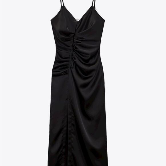 ZARA Black MIDI STRAPPY CAMISOLE DRESS GATHERING SLIT BLACK Size Small - Picture 8 of 9
